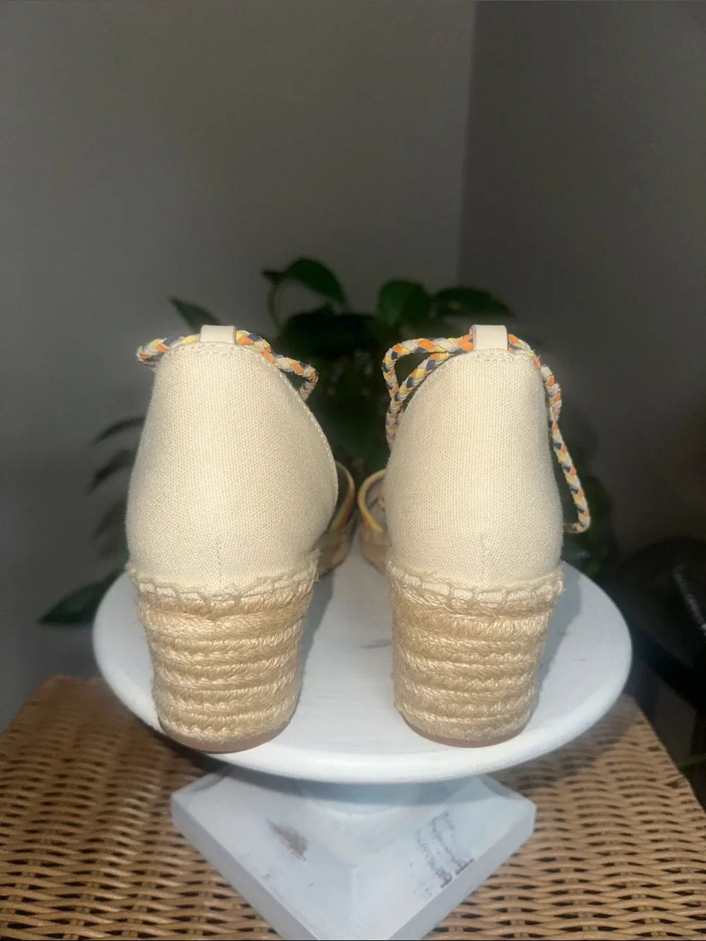 Tory Burch Laguna Canvas Espadrille Wedges with Navy Logo ankle wrap